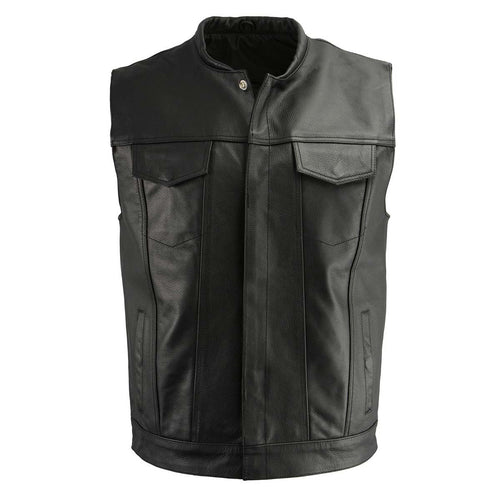 M Boss Motorcycle Apparel BOS13502 Men's Leather Black Snap Front Club Style Vest with Quick Draw Pocket