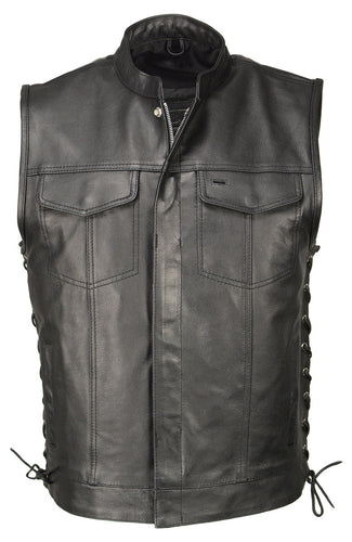 M Boss Motorcycle Apparel BOS13503 Men's Black Leather Side Lace Club Style Vest with Quick Draw Pocket
