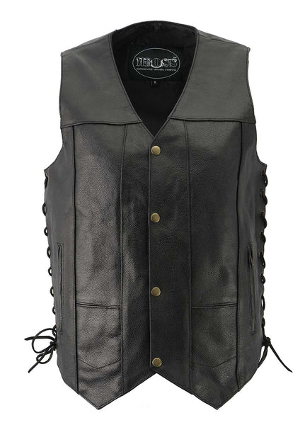 M-Boss Motorcycle Apparel BOS13517 Men’s Classic Black Leather 'Side Laced' Motorcycle Biker Rider Vest