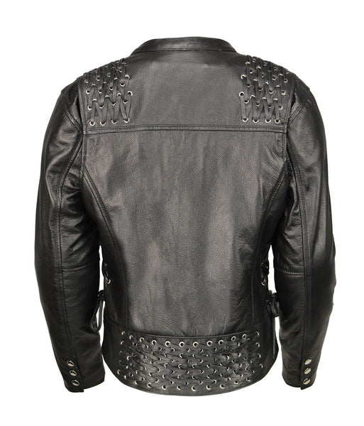 M Boss Motorcycle Apparel BOS22503 Women's Black Armored Motorcycle Leather Jacket with Back Lacing Detail