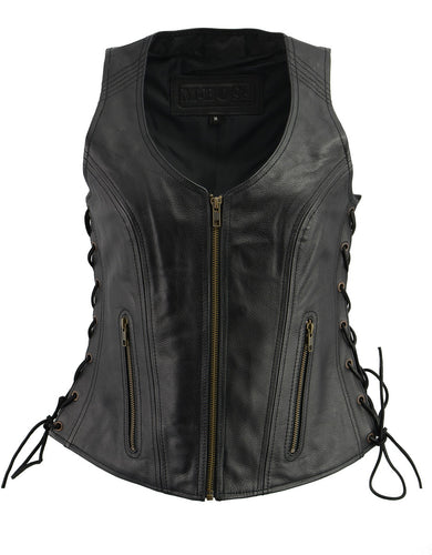 M Boss Motorcycle Apparel BOS24503 Women's Black Leather Motorcycle Biker Rider Vest with Side Laces