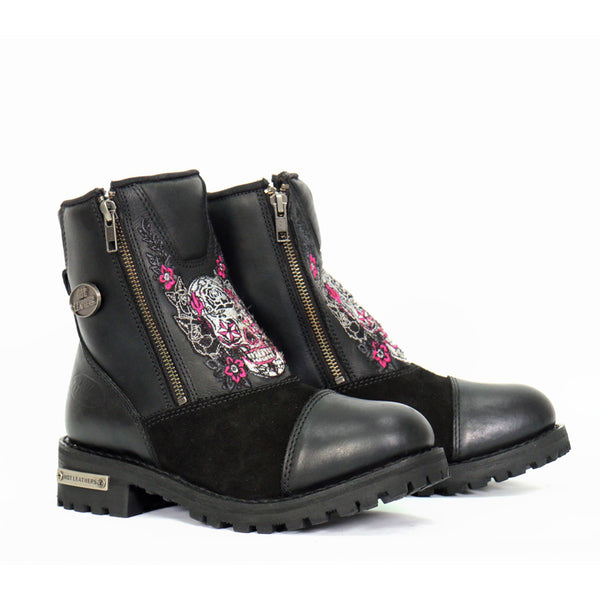 Hot Leathers BTL1009 Ladies Black Double Zip Sugar Skull Cap Toe Leather Boot