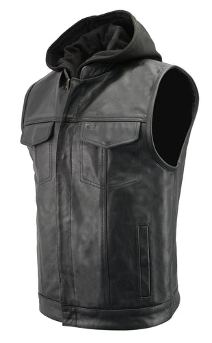 Men’s Premium Black Leather Club Style Vest with Removable Bib Hoodie BZ6110
