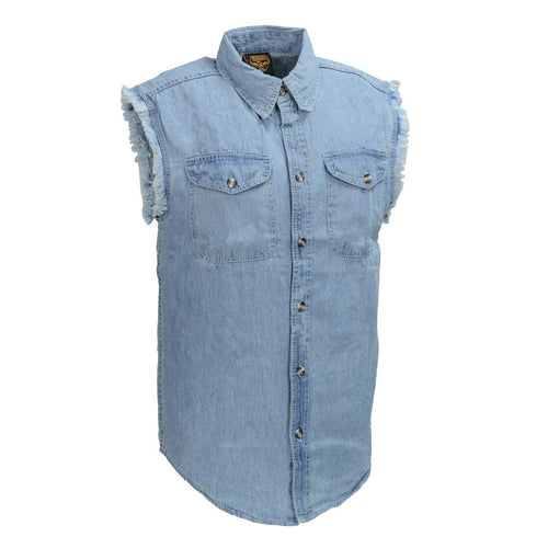 Milwaukee Leather DM1001 Men's Blue Lightweight Denim Shirt with with Frayed Cut Off Sleeveless Look