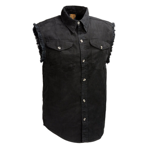 Milwaukee Leather DM1002 Men's Black Lightweight Denim Shirt with with Frayed Cut Off Sleeveless Look