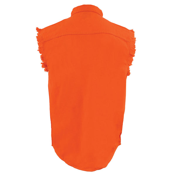 Milwaukee Leather DM1003 Men's Orange Lightweight Denim Shirt with Sleeveless Frayed Cut Off