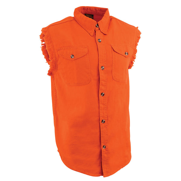 Milwaukee Leather DM1003 Men's Orange Lightweight Denim Shirt with with Frayed Cut Off Sleeveless Look