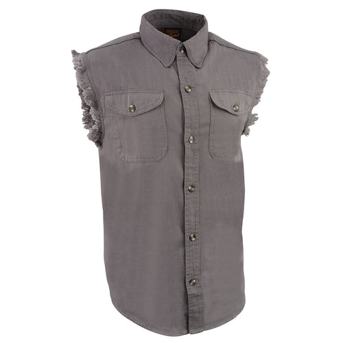 Milwaukee Leather DM4004 Men's Grey Lightweight Denim Shirt with Vintage and Frayed Sleeveless Look