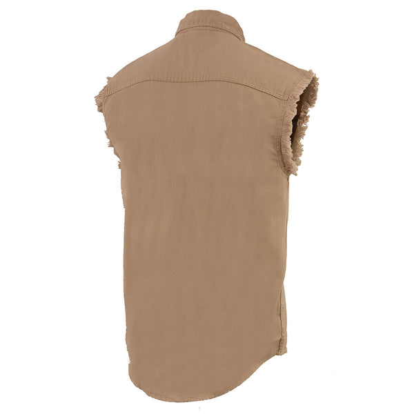 Milwaukee Leather DM4005 Men's Beige Lightweight Denim Shirt with with Frayed Cut Off Sleeveless Look