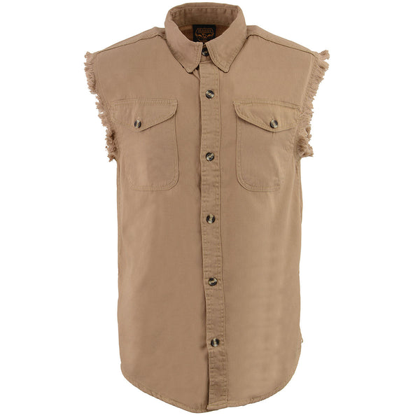 Milwaukee Leather DM4005 Men's Beige Lightweight Denim Shirt with with Frayed Cut Off Sleeveless Look