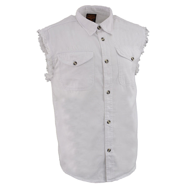 Milwaukee Leather DM4006 Men's White Lightweight Denim Shirt with with Frayed Cut Off Sleeveless Look