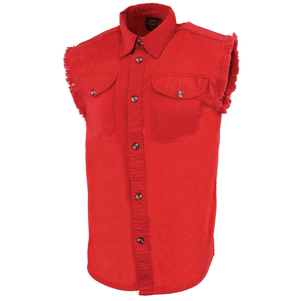 Milwaukee Leather DM4007 Men's Red Lightweight Denim Shirt with Vintage and Frayed Sleeveless Look