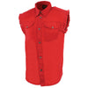 Milwaukee Leather DM4007 Men's Red Lightweight Denim Shirt with Vintage and Frayed Sleeveless Look