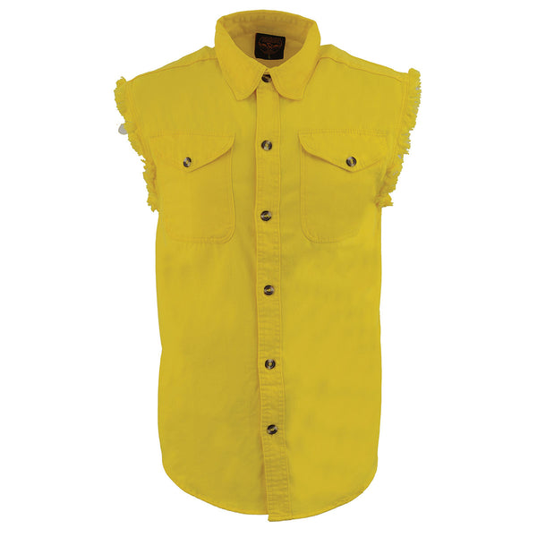 Milwaukee Leather DM4008 Men's Yellow Lightweight Denim Shirt with Vintage and Frayed Sleeveless Look