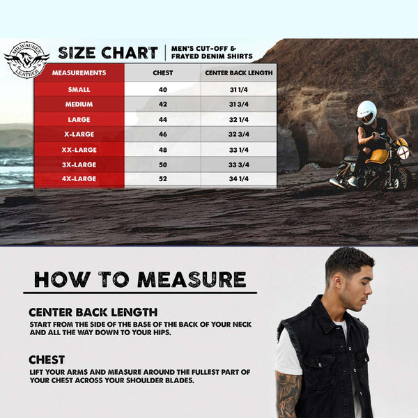 Milwaukee Leather DM4009 Men's Sand Lightweight Denim Shirt with with Frayed Cut Off Sleeveless Look