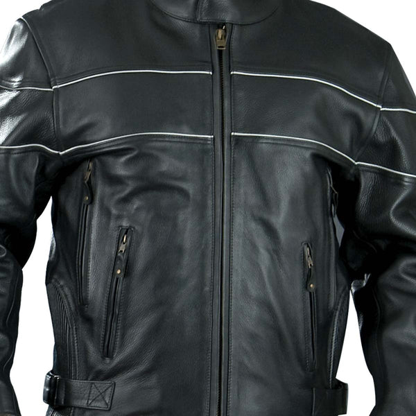 Genuine Leather EL2121 Men's Black Side Stretch Jacket with Reflective Piping