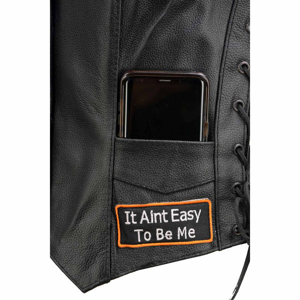 Event Leather ELL4900 Women's Classic Black Genuine Leather Side Laced Motorcycle Riders Vest w/ 9 Patches