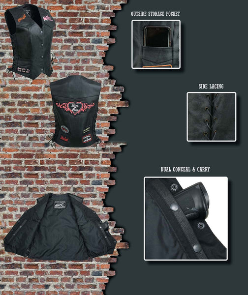 Event Leather ELL4900 Women's Classic Black Genuine Leather Side Laced Motorcycle Riders Vest w/ 9 Patches