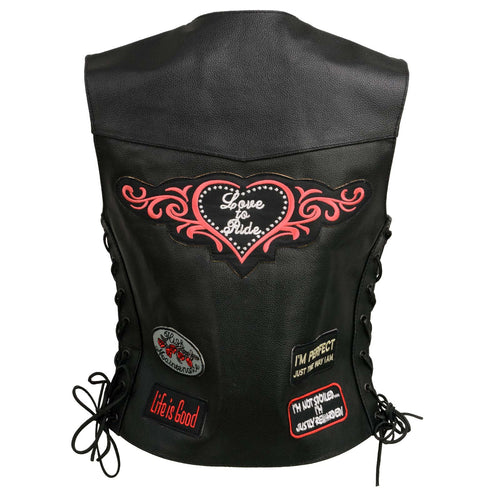 Event Leather ELL4900 Women’s 'Love to Ride' Black Leather Motorcycle Patched Embroidered Vests with Side Laces