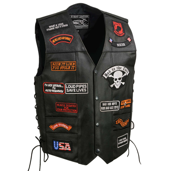 Event Leather ELM3920 Black Motorcycle Leather Vest for Men w/ 23 Patches - Riding Club Adult Motorcycle Vests