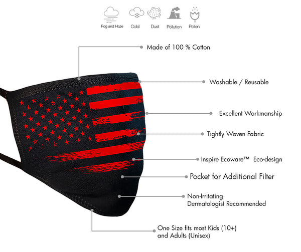 Milwaukee Leather FMD1017 'Black and Red US Flag' 100 % Cotton Protective Face Mask with Optional Filter Pocket