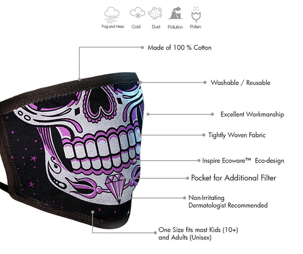 Milwaukee Leather FMD1019 Ladies 'Sugar Skull' 100 % Cotton Protective Face Mask with Optional Filter Pocket