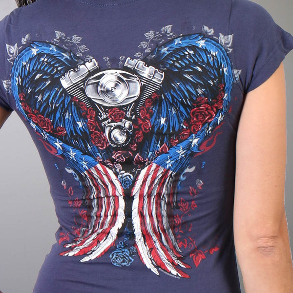 Hot Leathers GLD1297 'Live,Love, Ride' Ladies Angel Wings Navy Blue  T-Shirt