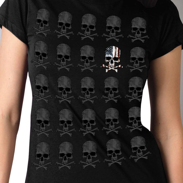 Hot Leathers GLR1513 Skull Pattern Full Cut Ladies Black T-Shirt