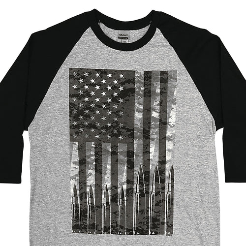 Hot Leathers GMS2486 Men's Flag Bullets Raglan 3/4 Sleeve Heather Black Shirt