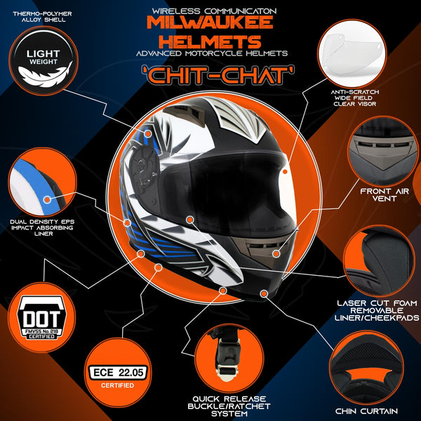 Milwaukee Helmets H512 Titanium and Blue Chit-Chat Full Face Wireless Motorcycle Helmet-Stream Music-Phone Calls