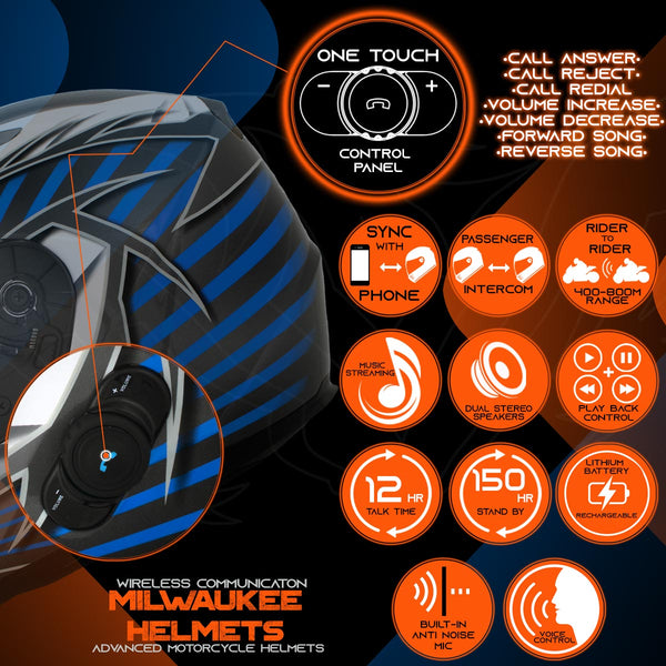 Milwaukee Helmets H512 Titanium and Blue Chit-Chat Full Face Wireless Motorcycle Helmet-Stream Music-Phone Calls