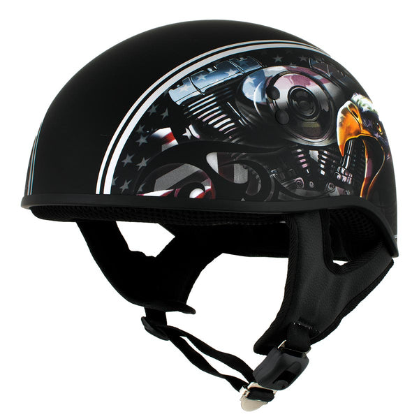 Hot Leathers HLD1023 'V-Twin Eagle' Flat Black Motorcycle DOT Skull Cap Half Helmet for Men and Women Biker