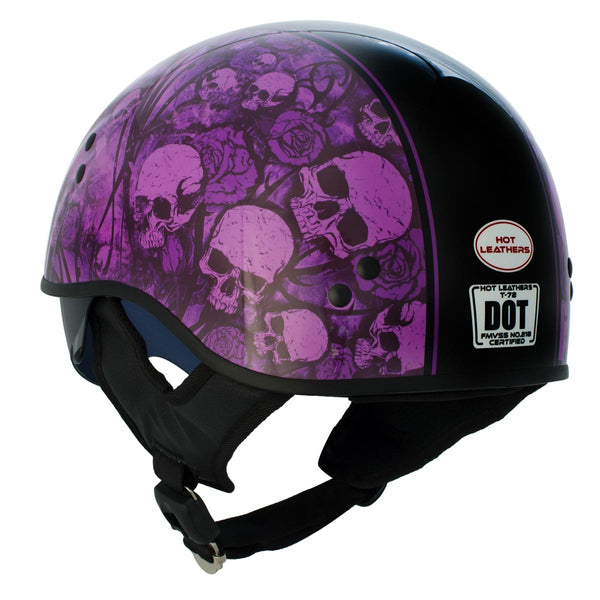 Hot Leathers HLD1039 Gloss Black Purple Skull Bouquet Advanced DOT Unisex Half Helmet with Drop Down Tinted Visor