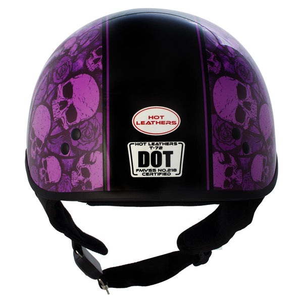 Hot Leathers HLD1039 Gloss Black Purple Skull Bouquet Advanced DOT Unisex Half Helmet with Drop Down Tinted Visor