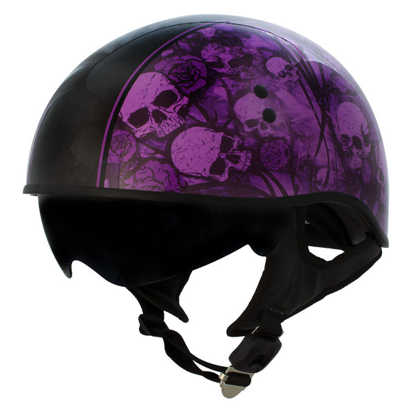 Hot Leathers HLD1039 Gloss Black Purple Skull Bouquet Advanced DOT Unisex Half Helmet with Drop Down Tinted Visor