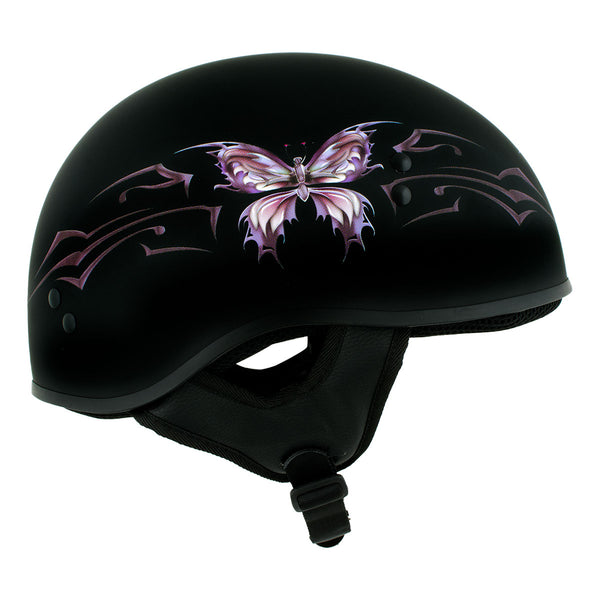 Hot Leathers HLD1052 DOT Skull Cap Half Helmet - Flat Black with Purple Butterfly Design for Men and Women Bikers