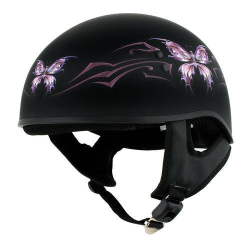 Hot Leathers HLD1052 DOT Skull Cap Half Helmet - Flat Black with Purple Butterfly Design for Men and Women Bikers