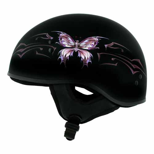 Hot Leathers HLD1052 DOT Skull Cap Half Helmet - Flat Black with Purple Butterfly Design for Men and Women Bikers