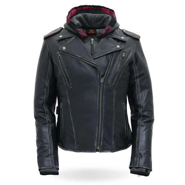 Hot Leathers JKL1033 Ladies Black Leather Jacket with Removable Hoodie