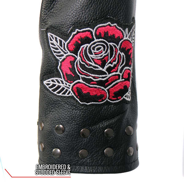 Hot Leathers JKL2001 Women's Black 'Embroidered Bling Rose Design' Braided Motorcycle Leather Jacket
