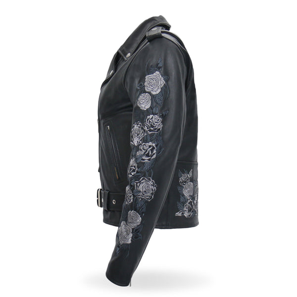 Hot Leathers JKL2002 Women's Black 'Rose Embroidered' Motorcycle Style Leather Jacket