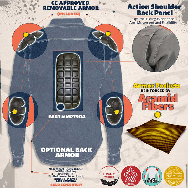 Milwaukee Leather MPM1635 Men’s Armored Riding Flannel – Full Aramid Fiber Lined, CE Shoulder/Elbow Armor