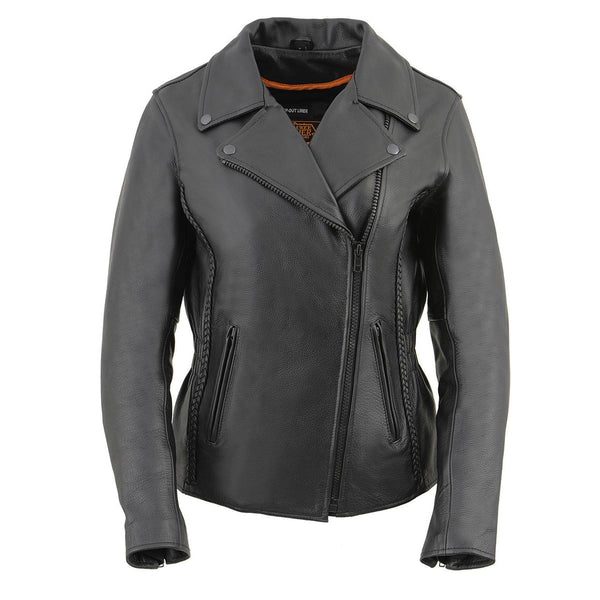 Milwaukee Leather LKL2711 Women's Braided Black Leather Motorcycle Rider Jacket w/ Studded Back