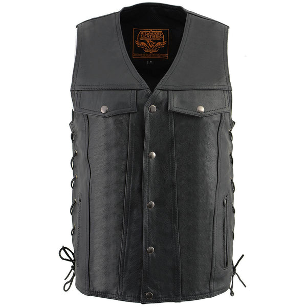 Milwaukee Leather LKM1360 Men's Black Leather Classic V-Neck Motorcycle Rider Vest w/ Snaps and Side Laces Closure