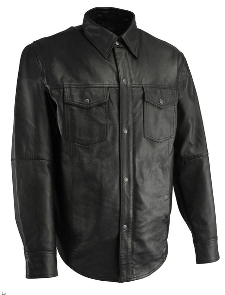 Milwaukee Leather LKM1601 Men's Black Lightweight Snap Front Casual Biker Leather Shirt