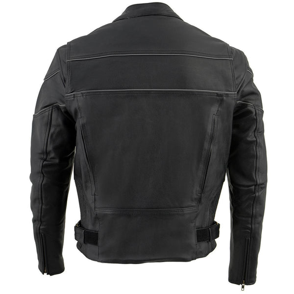 Milwaukee Leather LKM1785 Mens Black Leather Racer Style Motorcycle Jacket w/ Side Stretch and Reflective Piping