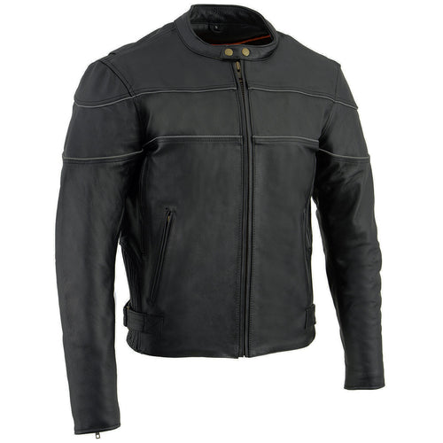 Milwaukee Leather LKM1785 Mens Black Leather Racer Style Motorcycle Jacket w/ Side Stretch and Reflective Piping