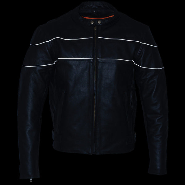 Milwaukee Leather LKM1785 Mens Black Leather Racer Style Motorcycle Jacket w/ Side Stretch and Reflective Piping