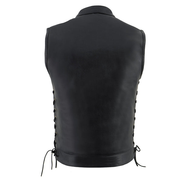 Milwaukee Leather LKM3712 Men's Black Leather Club Style Motorcycle Rider Vest w/ Front Snap/Zipper and Side Lace
