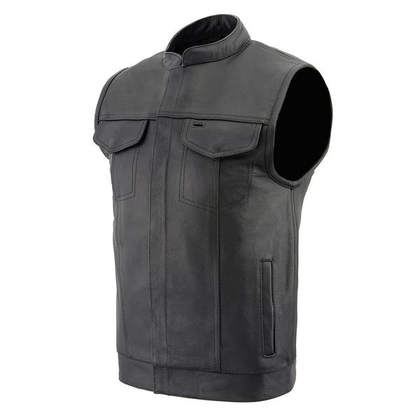 Milwaukee Leather LKM3713 Men's Black Leather Club Style Motorcycle Rider Vest W/ Dual Closure Zipper and Snaps